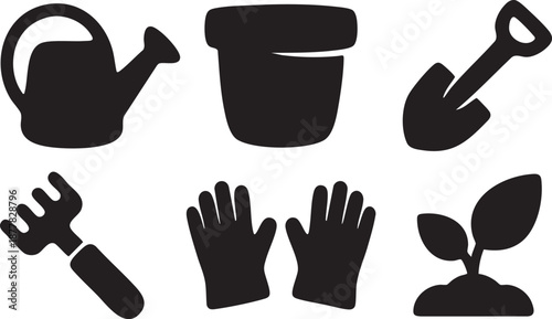 Black silhouette of gardening tools a watering can a pot a shovel a rake gloves and a seedling