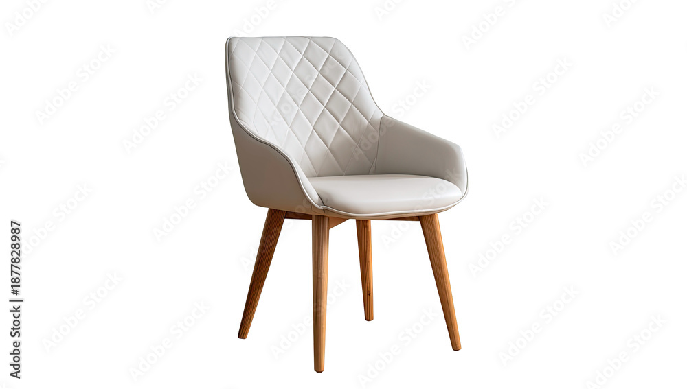 Fototapeta premium Modern White Quilted Upholstered Armchair with Wooden Legs Isolated on Transparent Background