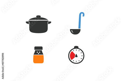Cooking Icons: Pot, Ladle, Spice Jar, and Timer