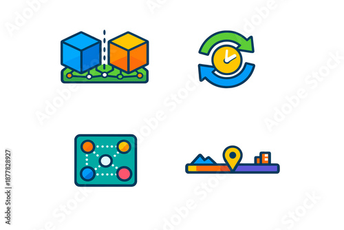 Four colorful icons representing data, time, game and navigation