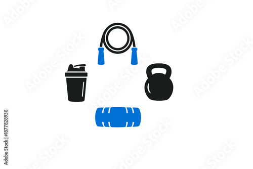 Fitness equipment icons: jump rope, shaker bottle, kettlebell, foam