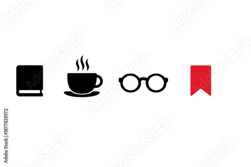 Reading and Relaxation Icons: Book, Coffee, Glasses, Bookmark
