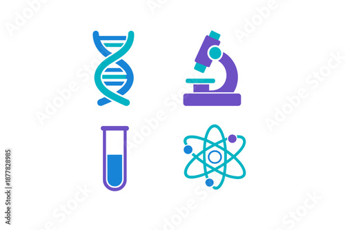 Set of science icons: DNA, microscope, test tube, atom