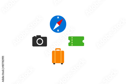 Travel icons: camera, compass, ticket, suitcase on blurred background