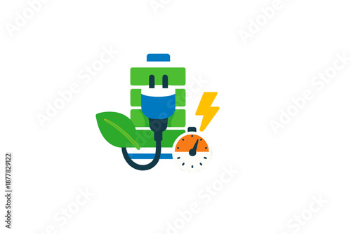 Eco-friendly energy icon: battery, plug, leaf, lightning bolt, gauge