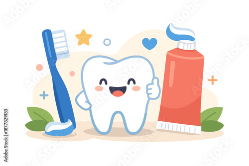 Happy cartoon tooth with toothbrush and toothpaste