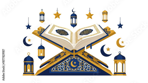 Islamic book with lanterns and stars in decorative design