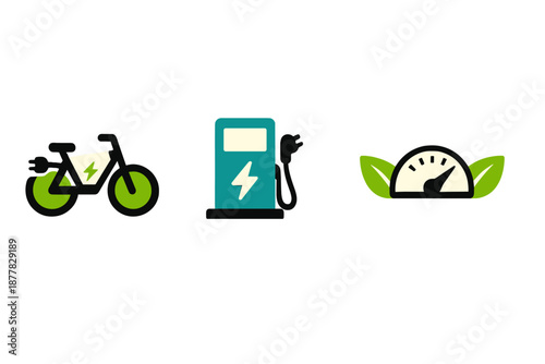 Electric bicycle, charging station, and speedometer icons