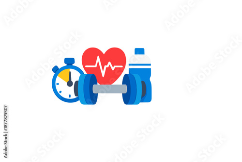 Fitness icons: stopwatch, dumbbell, heart, and water bottle