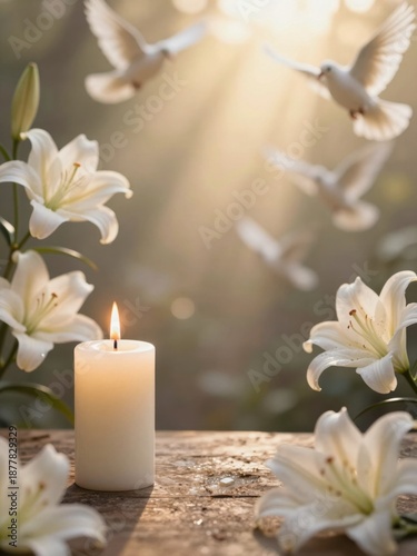 Serene memorial background with white candle lilies and doves in golden sunlight with copy space