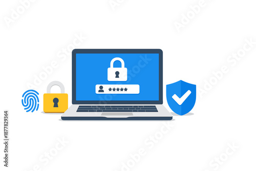 Cybersecurity concept: laptop with login, fingerprint and shield