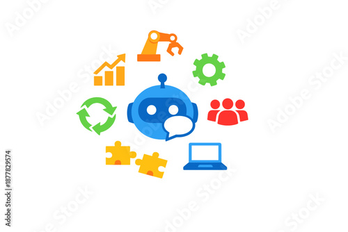 Robot with icons for business and technology