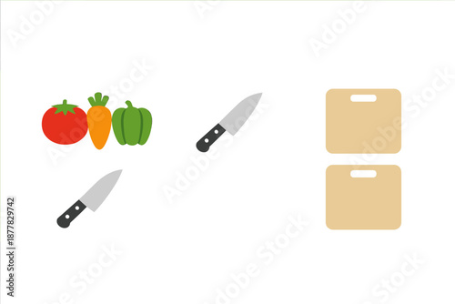 Kitchen scene with vegetables, knives, and cutting boards