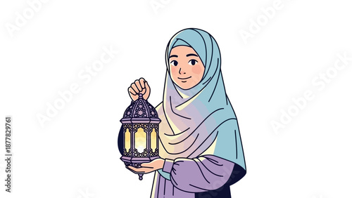 Smiling woman in hijab holding traditional lantern illustration