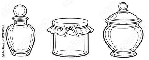 Hand drawn line art containers set featuring a perfume bottle, a jam jar, and a candy jar for packaging and storage needs