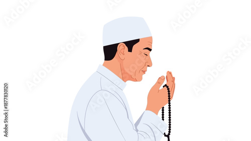 Man in traditional attire praying with rosary beads on white background