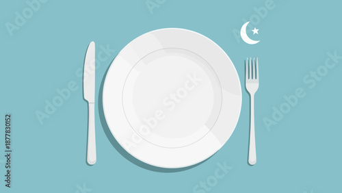 Minimalist illustration of dinner setting with moon symbol on blue background