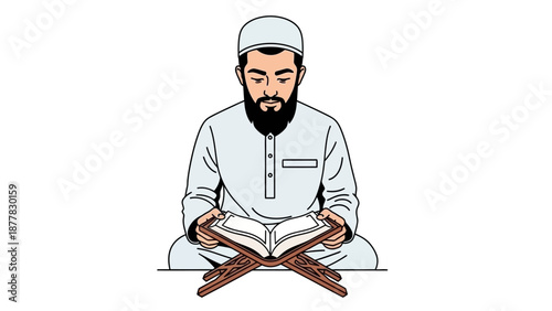 Man in traditional attire reading a book on a wooden stand
