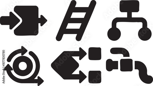 Collection of black workflow and process including arrows and diagrams on white background symbol