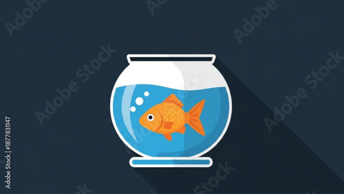 Orange Goldfish Swimming in Glass Fishbowl on Dark Background