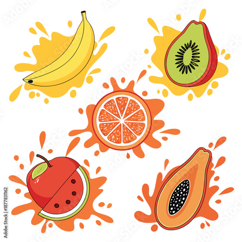 Orange, kiwi fruit, banana, tomato, watermelon, papaya juice. Fresh fruits and splashes, 3d vector icon set