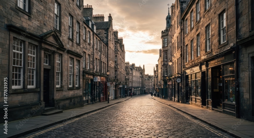 Obraz premium Cobblestone street lined with old buildings in soft, golden light at dusk