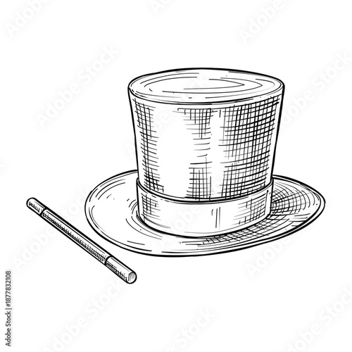 magic hat and wand vector line art hand drawn illustration