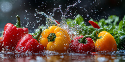 Fresh vegetables and chili peppers with water splash Generative AI