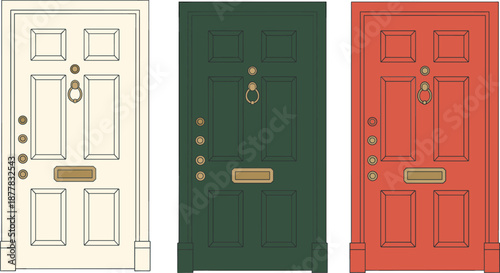 Colorful front doors set, classic home entrance design, vector illustration collection, decorative wooden doors, real estate, architecture, isolated, modern style