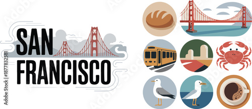San francisco landmarks and food icons vector graphic
