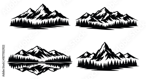 Graphic style silhouette mountain landscape set featuring rugged peaks, evergreen forests, and a lake reflection for outdoor adventures and emblems