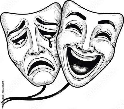 Comedy and tragedy masks, theater drama illustration, black and white sketch, classic performance symbol, emotional acting concept, isolated artwork design