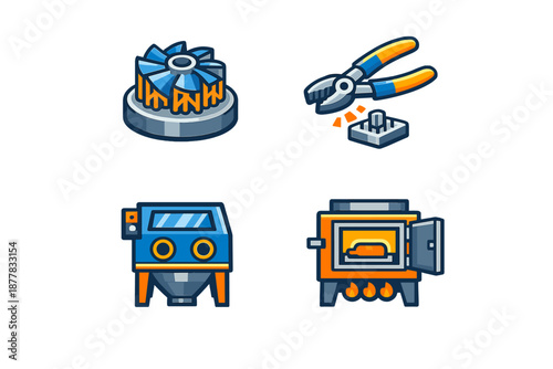 Tableau sur toile Industrial equipment icons: fan, pliers, sandblaster, furnace