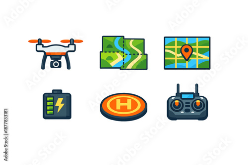 Drone icon set with remote, map, and battery