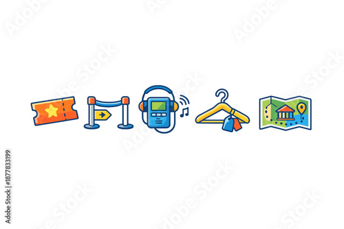 Collection of museum-related icons on a dark background