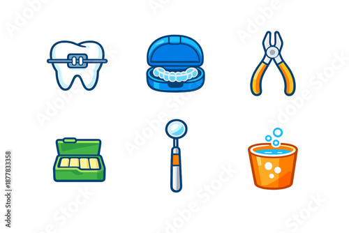 Set of dental care icons with a tooth, braces, and tools