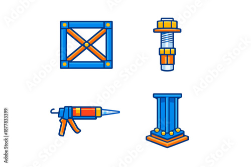 Industrial graphic icons: crate, bolt, caulk gun, and column
