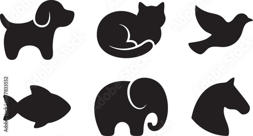 Six black animal silhouettes dog cat bird elephant fish horse on white