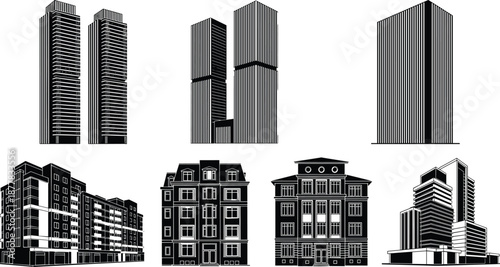 Collection of modern and traditional architectural building silhouettes including skyscrapers, apartments, institutions, and commercial structures in black vector style