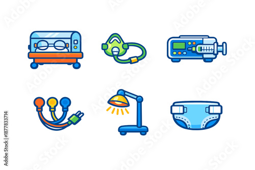 Medical icons: Incubator, mask, pump, cables, lamp, diaper