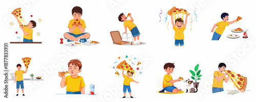 Collection of illustrations featuring a cheerful boy enthusiastically enjoying and eating large, gooey slices of cheesy pepperoni pizza.