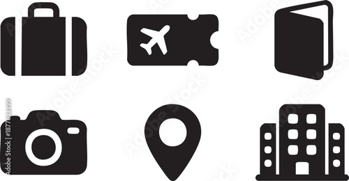 Black of luggage airplane ticket passport camera map pin and buildings on white background suitcase