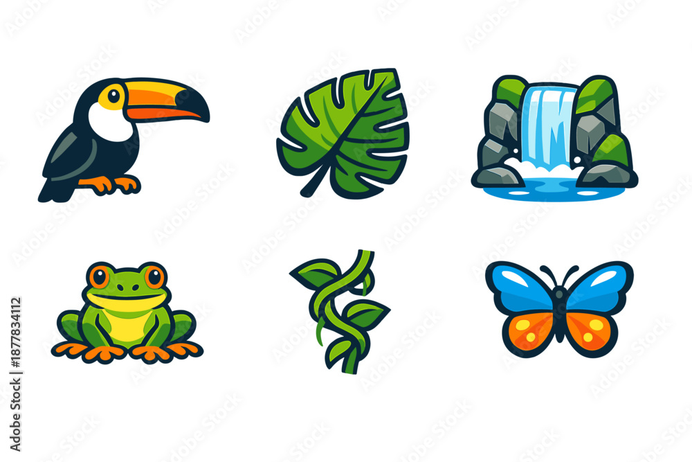 Fototapeta premium Jungle themed icons: toucan, leaf, waterfall, frog, vine, butterfly