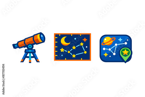 Astronomy icons: telescope, constellation and planet