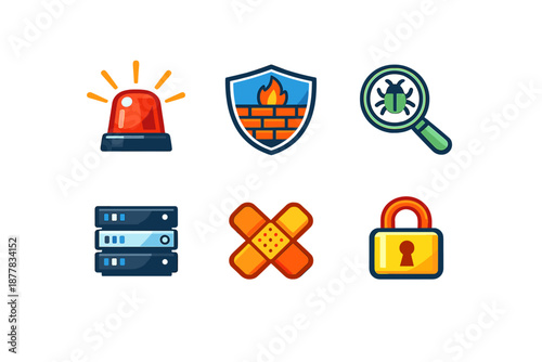 Cybersecurity icons: alarm, firewall, bug, server, patch, lock