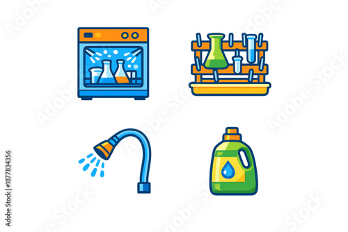 Laboratory equipment and cleaning supplies icons