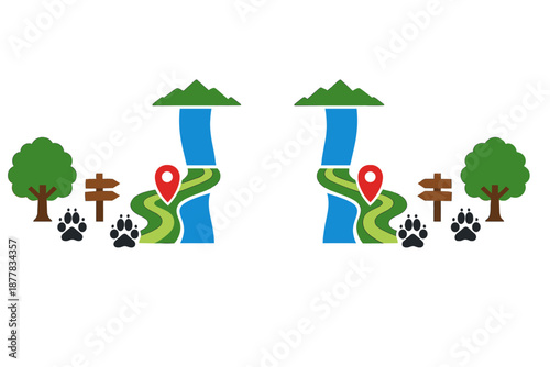 Symmetrical nature path design with waterfalls and mountains