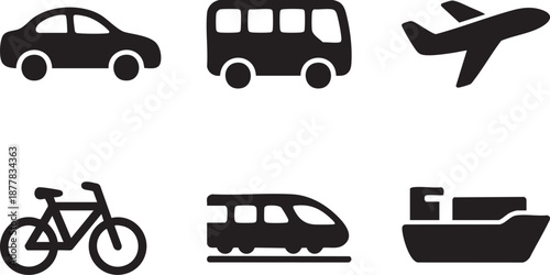 Black silhouette of car bus airplane bicycle train and ship