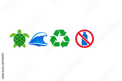 Turtle, Wave, Recycle and No Plastic Bottle Icons