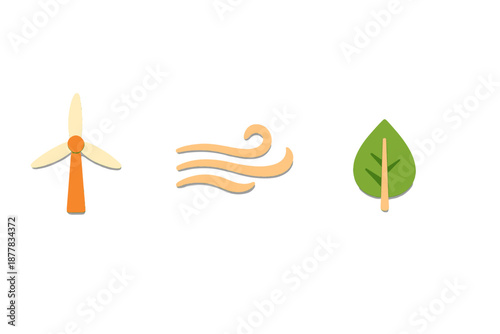 Wind turbine, wind and leaf icons representing renewable energy